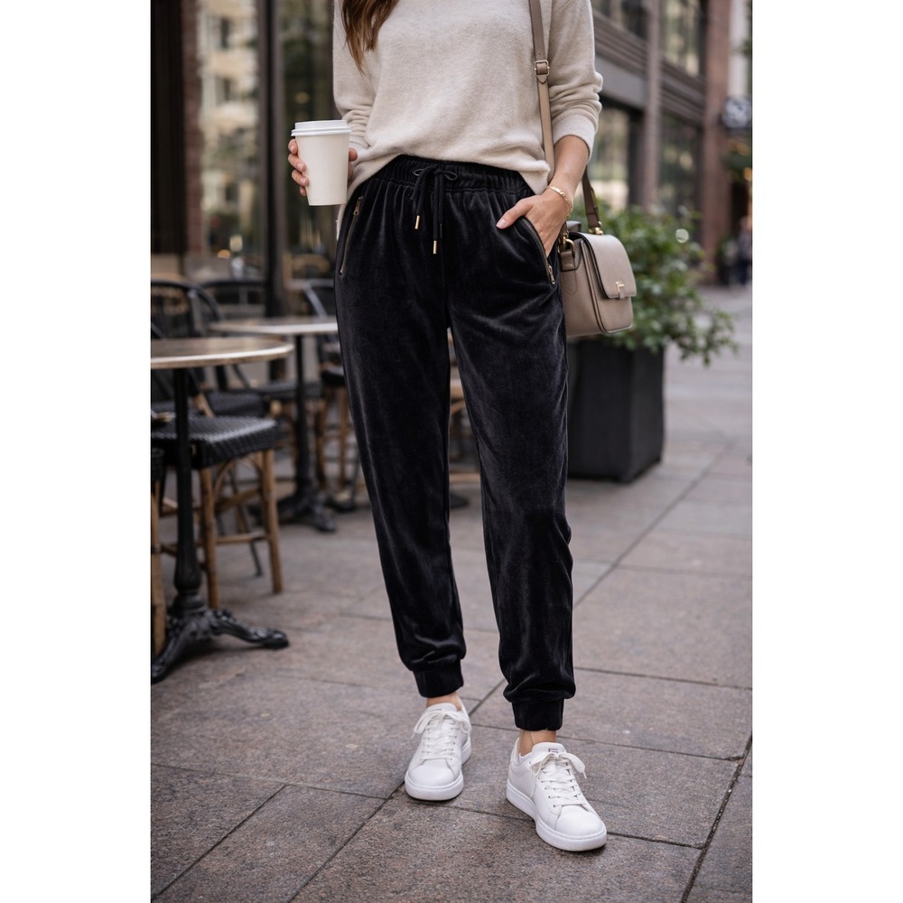 Nine‎ West Velour Joggers Women's XL | Black Luxe Lounge Pants w/ Zip Pockets